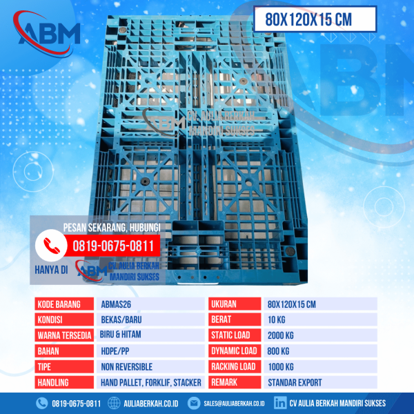 Pallet Plastik Bekas & Baru Ukuran 80x120x15 cm - ABMAS26 - Biru